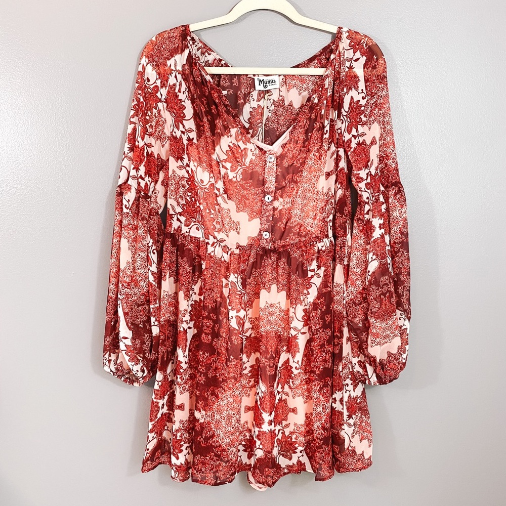 Show Me Your MuMu Rust and Cream Floral V-Neck Mini Dress - Picture 4 of 12